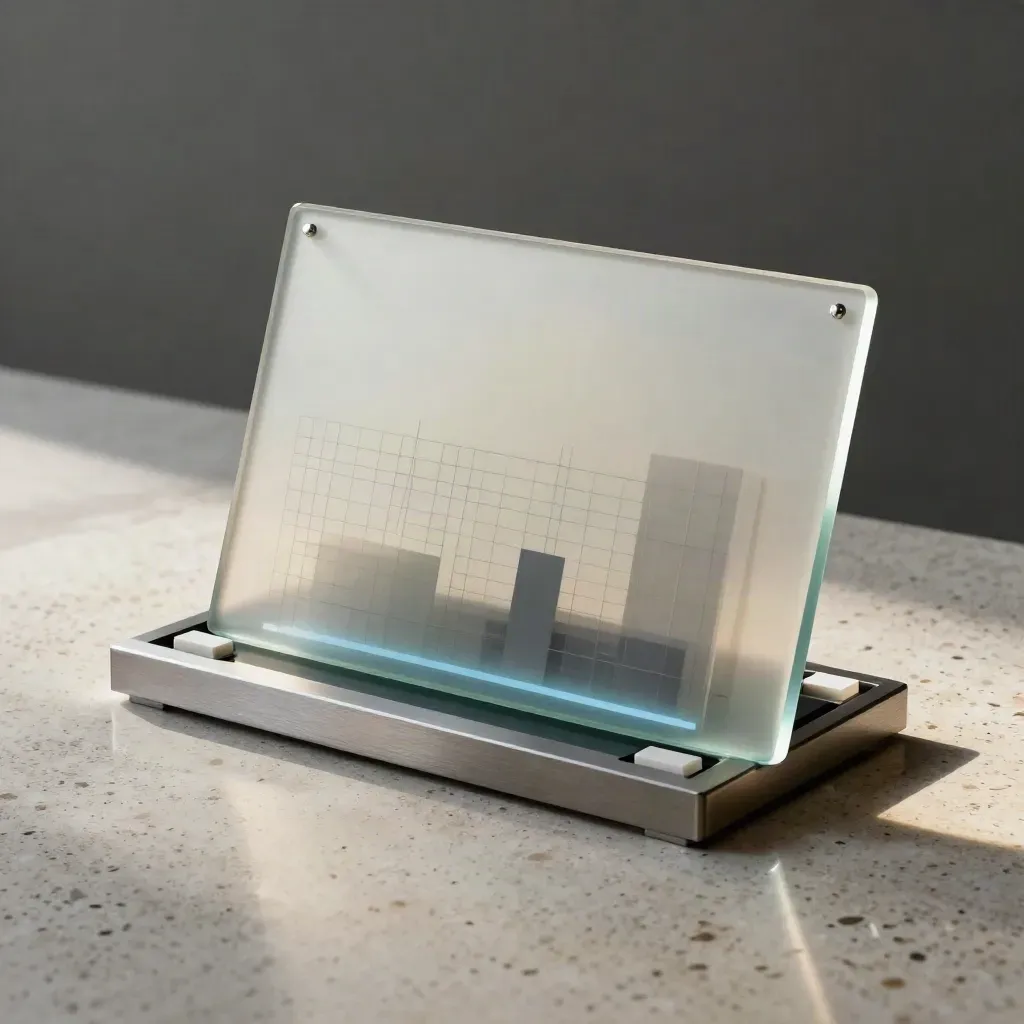 Upright analytics dashboard slab in brushed aluminum with two small companion tiles on travertine.