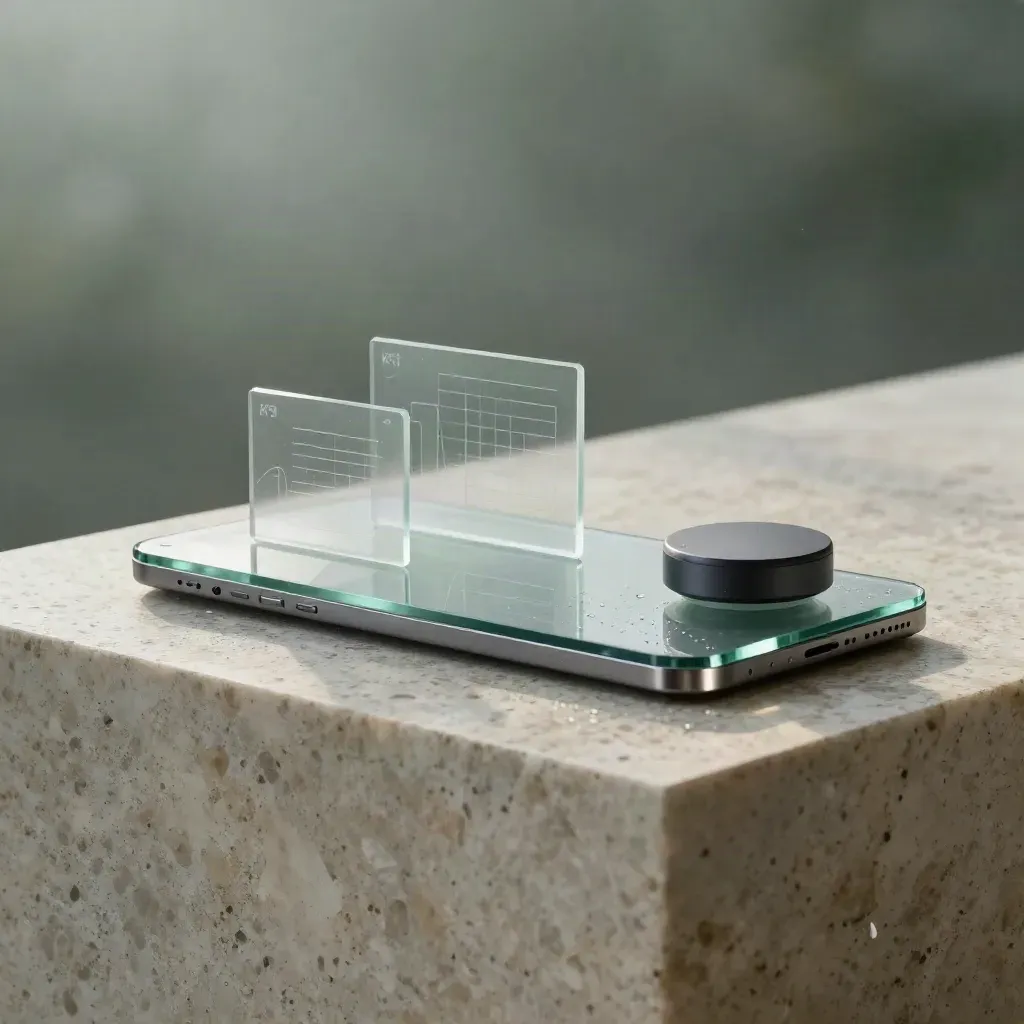 Glass KPI dashboard kit with phone, alert puck and chart blocks on travertine