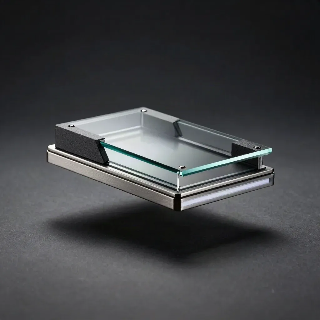 Floating glass analytics module with metal wedges and a soft glow on a dark studio field.