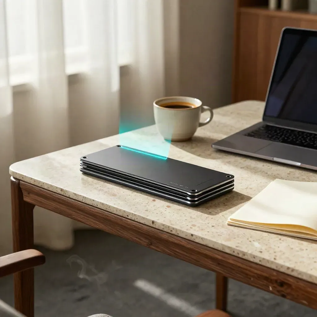 Analytics bundle beside coffee and laptop on a travertine workbench in morning light.