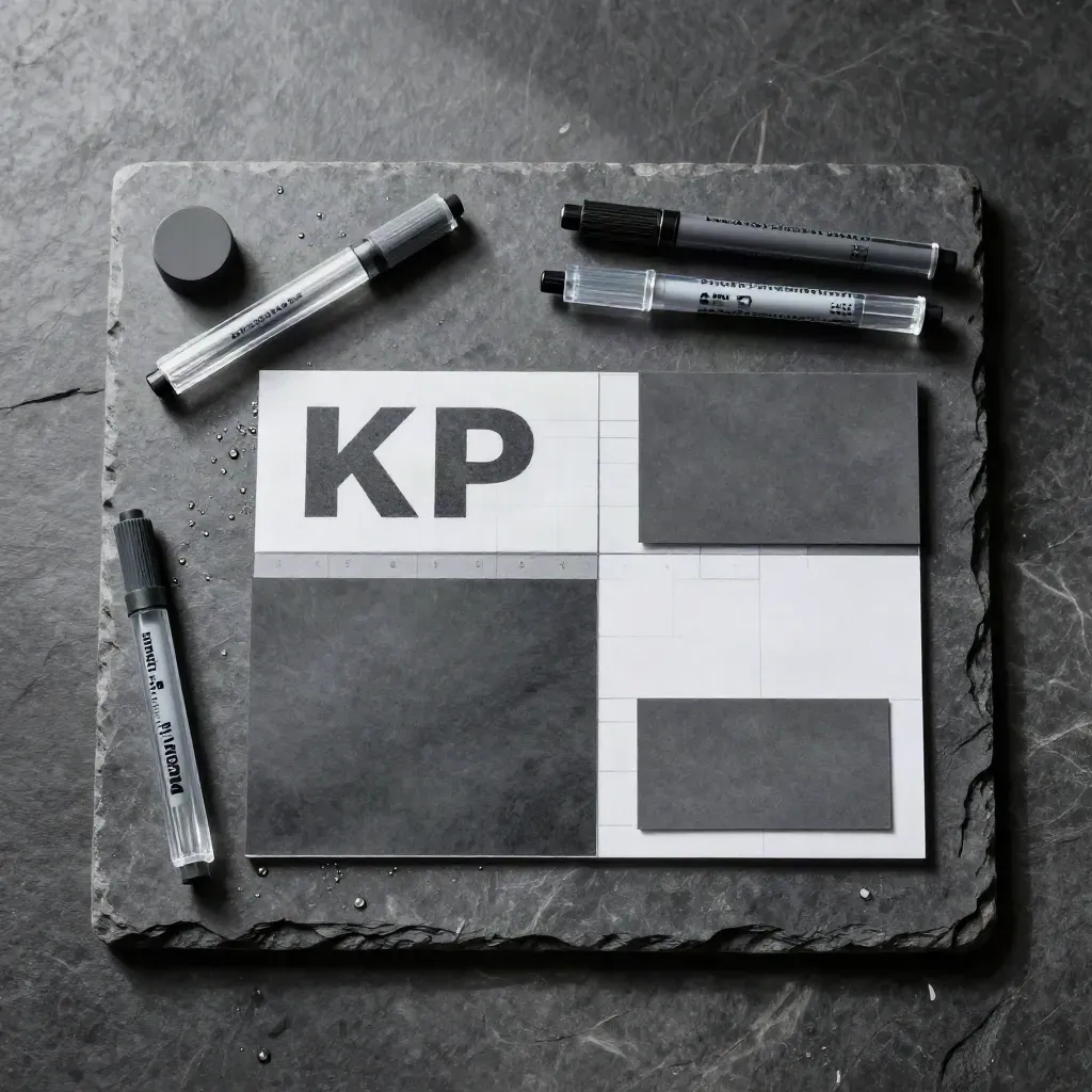 Overhead KPI board flatlay on wet stone with acrylic markers, graphite cards and a matte puck.