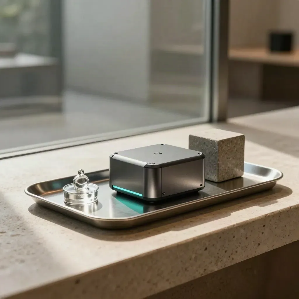 Alert Watch Pack on a brushed-aluminum tray with glass puck and stone cube, lit by a cyan glow.