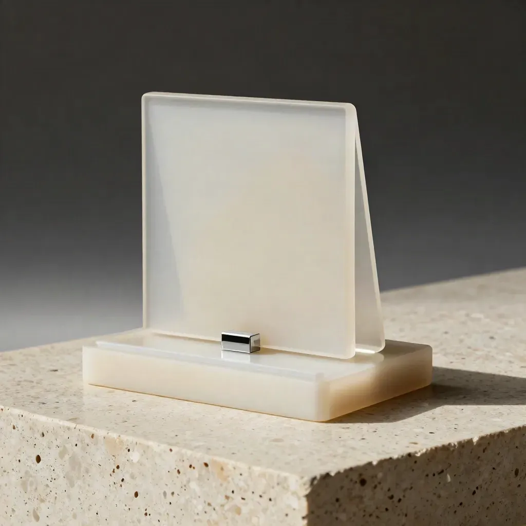 Unbranded analytics module with translucent fins on travertine, softly lit in a premium studio