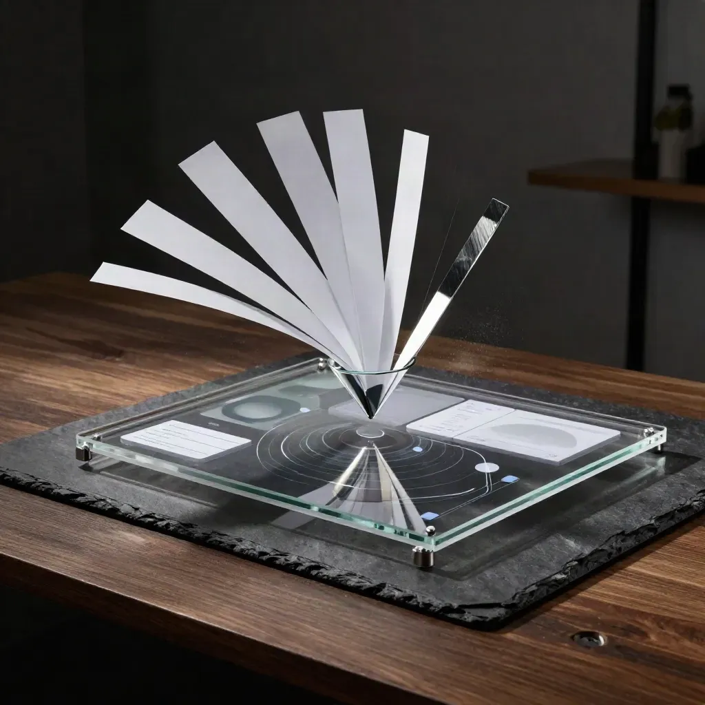 Floating analytics module above a dark acrylic plate with paper strips and a mirrored spacer