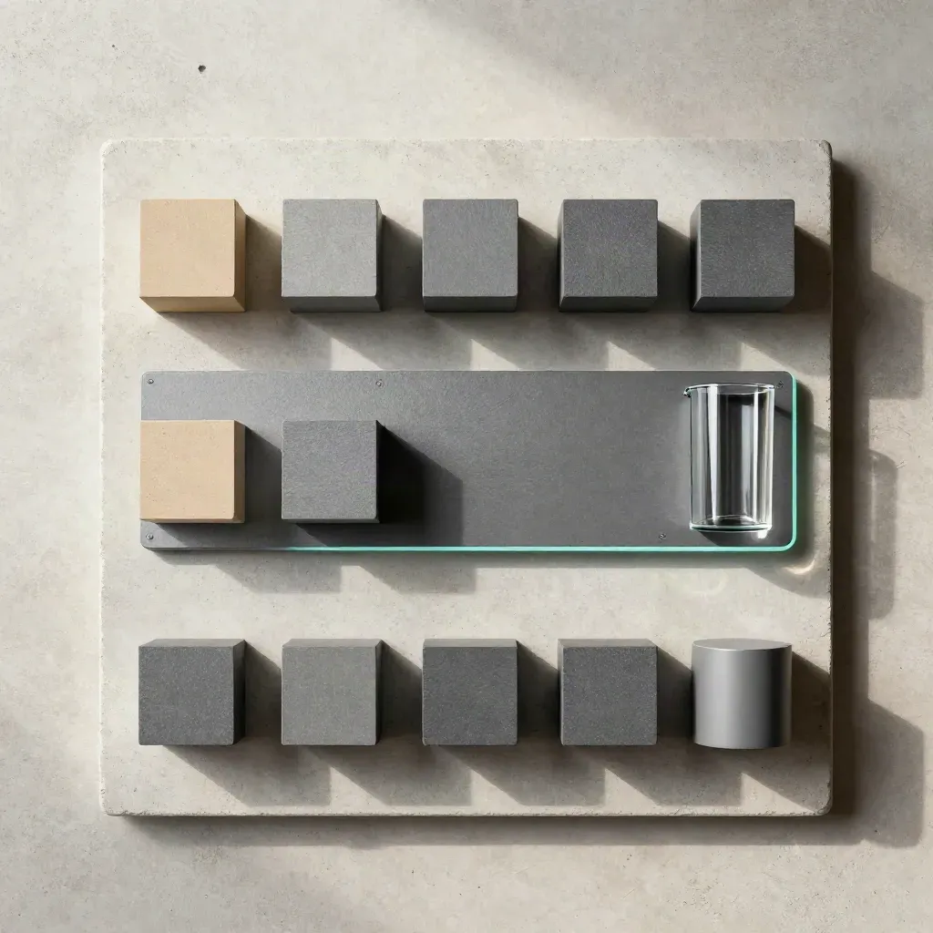 Overhead flatlay of an analytics board with cubes, glass bar and matte cylinder on pale concrete.