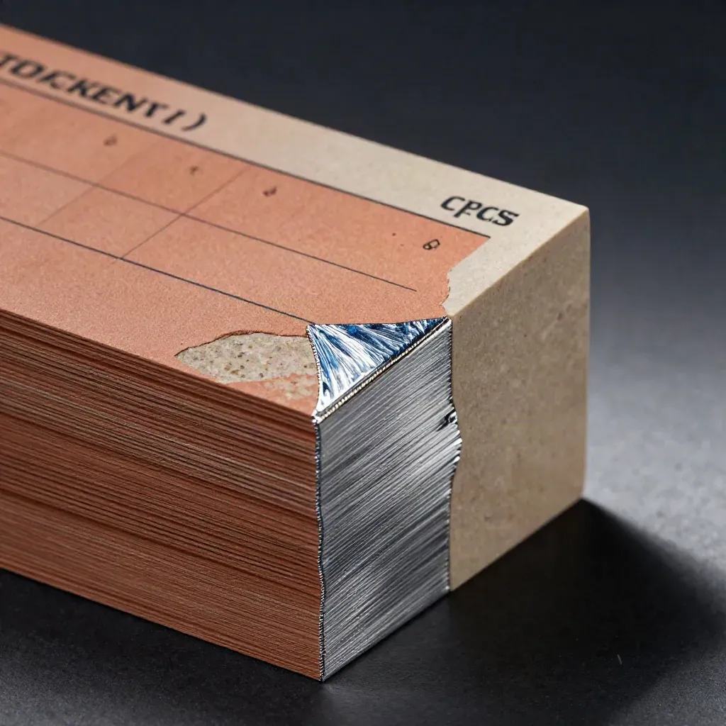 Macro of a layered analytics scorecard card in stone, paper, and brushed foil with blue rim light.