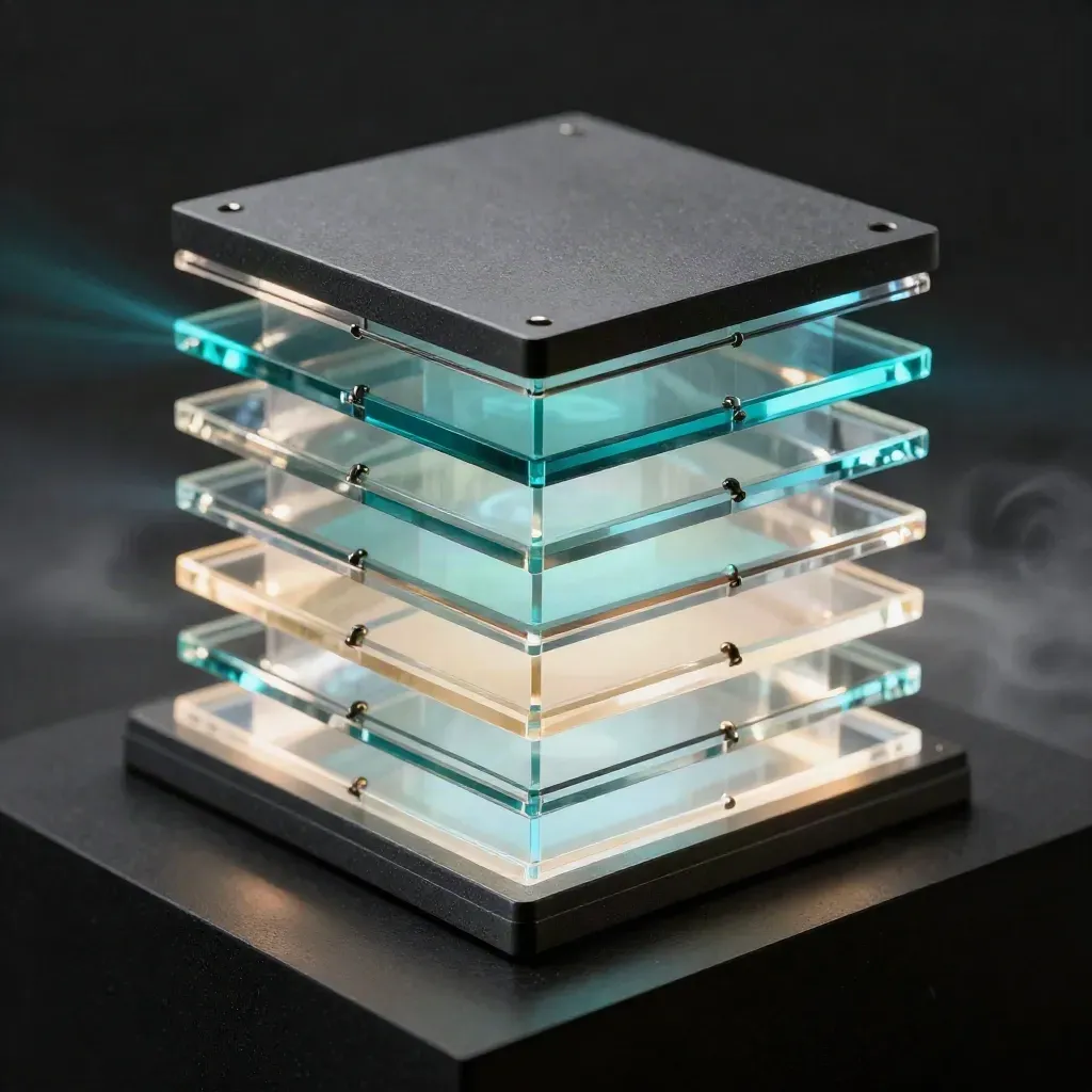 Close-up of luminous acrylic analytics tiles with cyan rim light on a matte-black base.