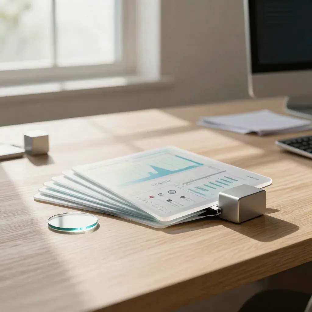 Analytics product kit on pale oak with glass disc, metal cube, and soft morning window light.