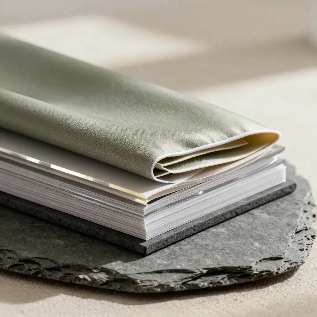 Macro of rippled silk, clear acrylic layers, and a dark stone edge in a premium analytics card.