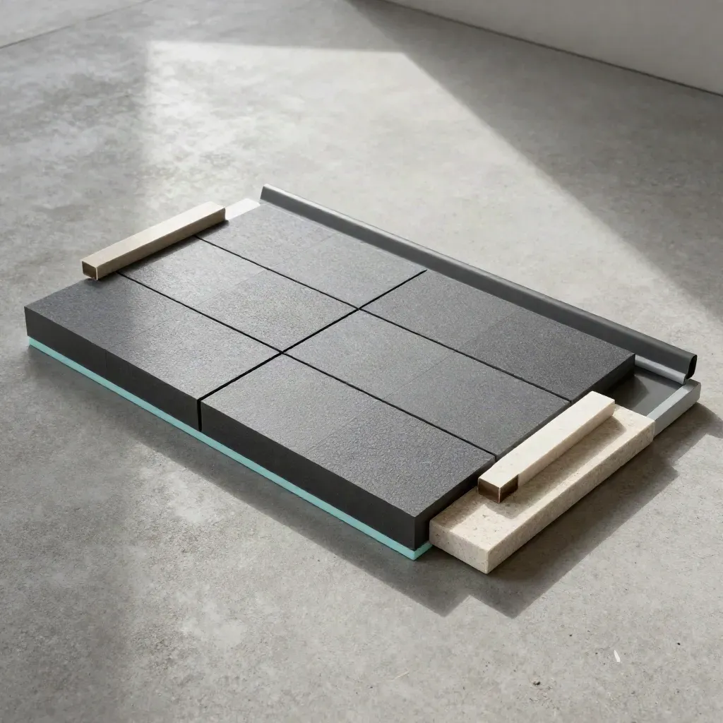 Overhead flatlay of modular board tiles, a stone weight, and a slim bar on concrete.