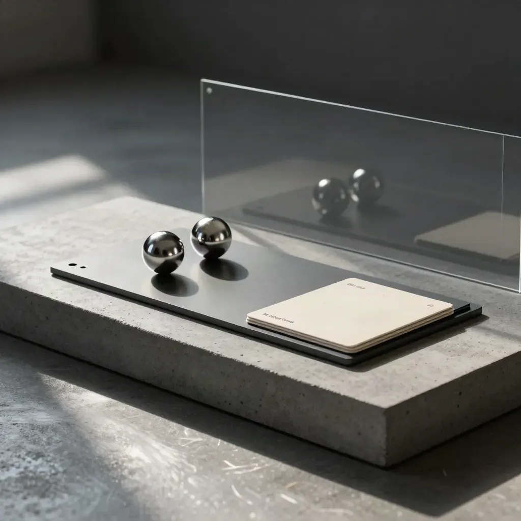 Luxury ad spend tracker objects on concrete with chrome spheres and graphite cards.