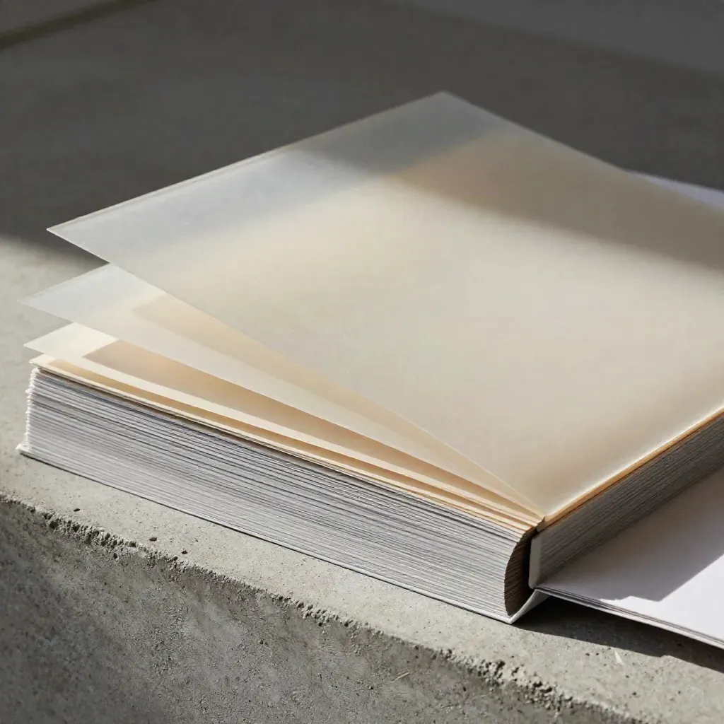 Macro of layered report folios and translucent sleeves on concrete with soft raking light.