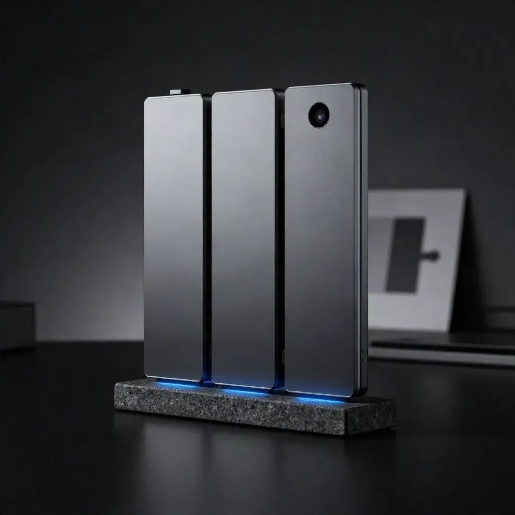 Dark modular analytics product hero with three panels, alert puck, and stone stand on matte black.