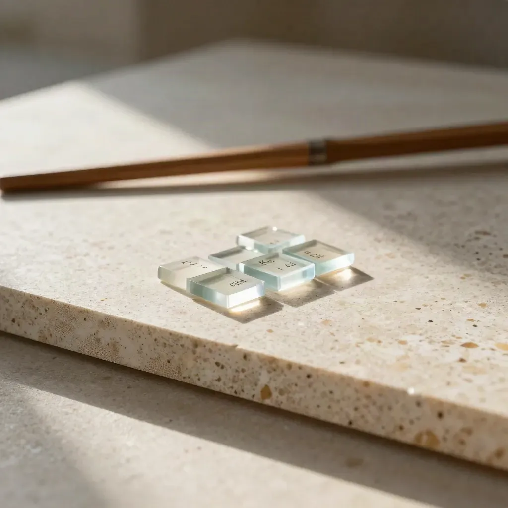 Travertine surface with linen edge and blurred oak line, calm copy space below.