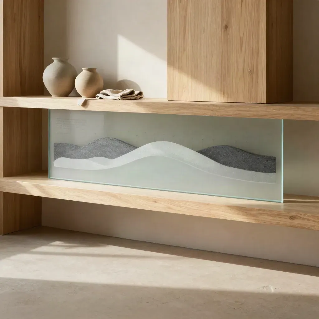 Minimal analytics interior with frosted glass, pale wood slats, and a ceramic form in soft afternoon light.