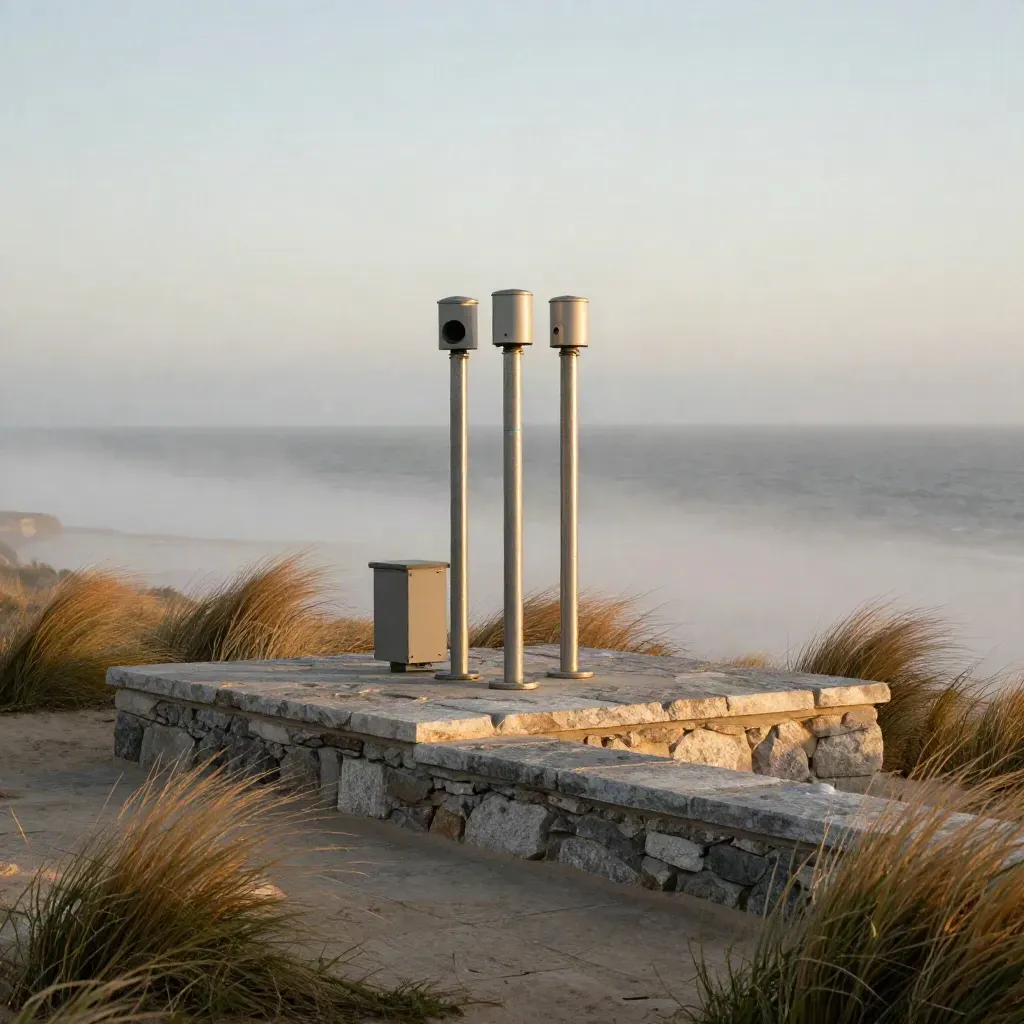 Golden coastal terrace with mist, grasses, and small cyan-lit monitoring beacons at dusk