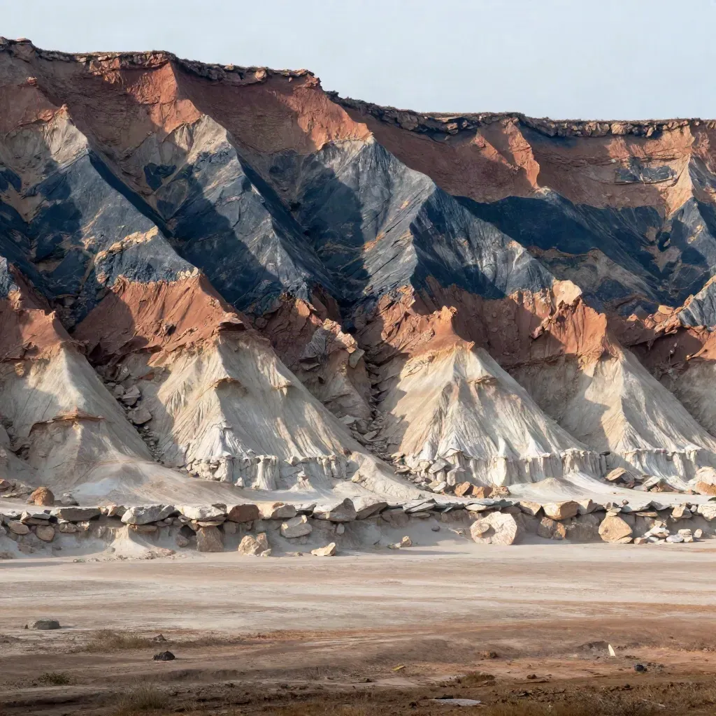 Rain-dried clay cliffs above a misty pale rock ledge and calm valley